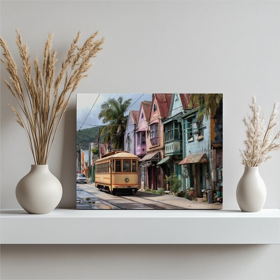 Vintage Yellow Streetcar Colorful Colonial Street Tropical City Poster