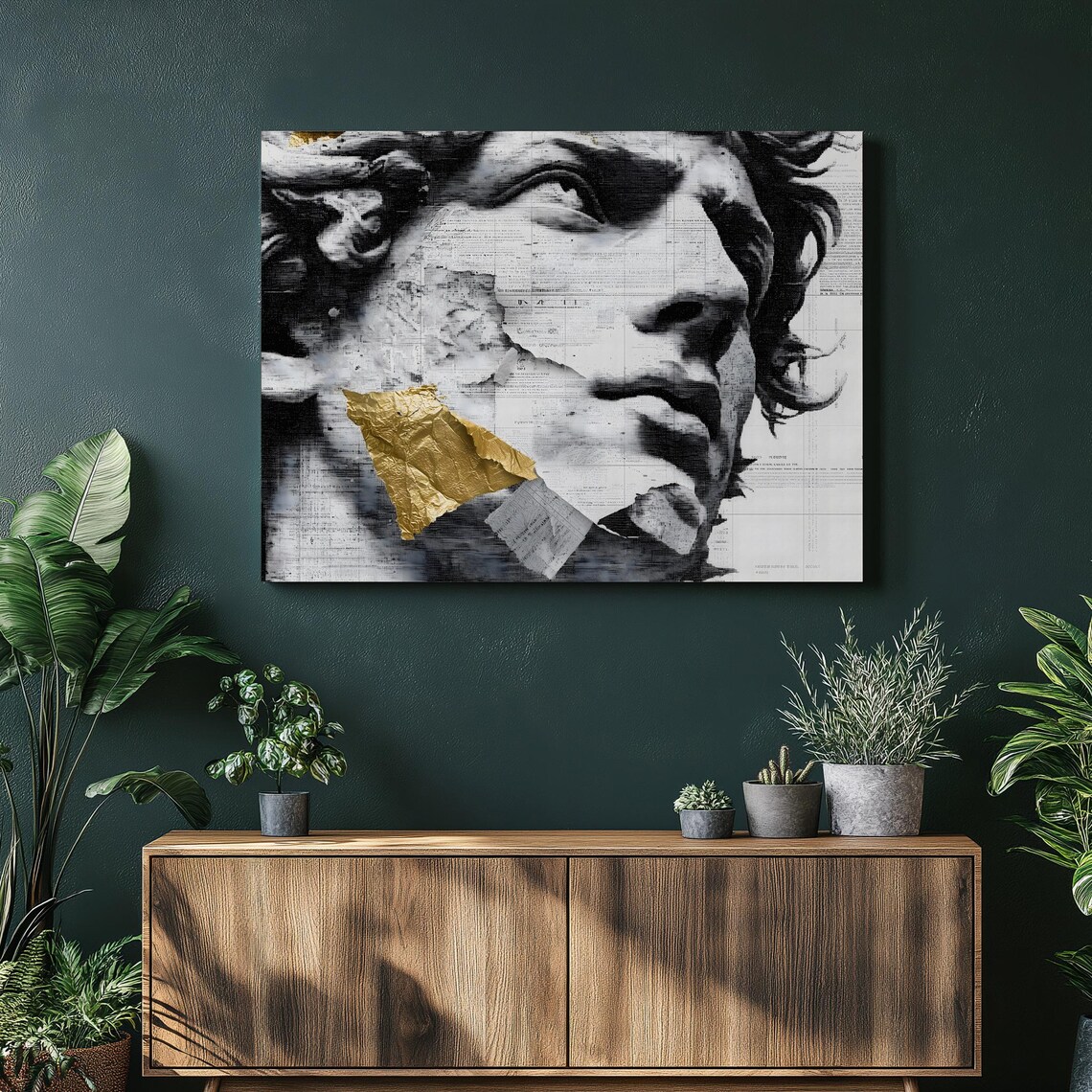 Abstract Greek Bust Canvas Wall Art Modern Collage Gold Foil Halftone Classical Statue Minimal Black White Contemporary Decor Print