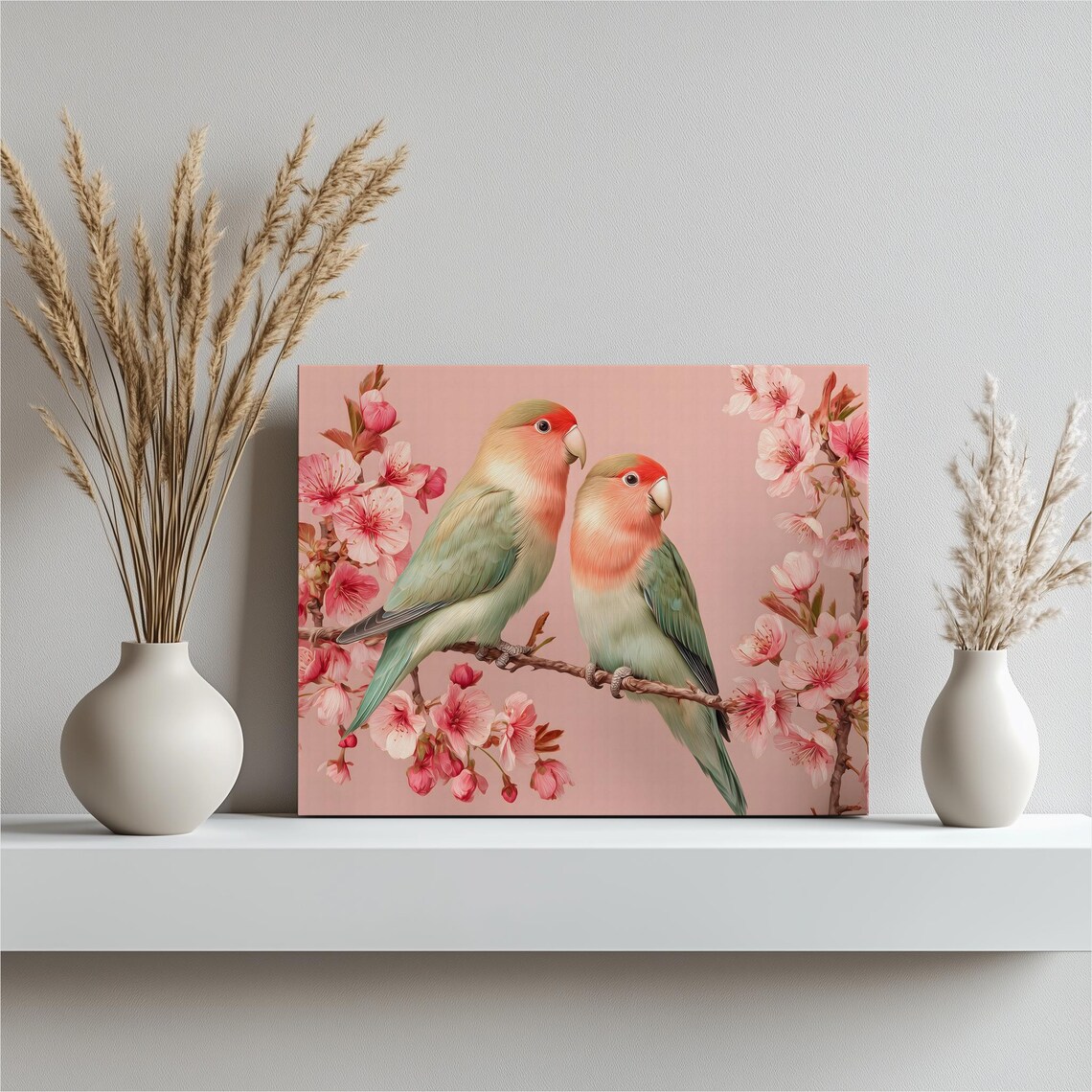 Lovebirds on Cherry Blossom Branch Pink Romantic Bird Wall Print