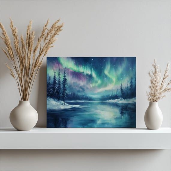 Finland Canvas Wall Art Tranquil Lapland Under Northern Lights Snowy Lake Landscape Night Sky Reflection Contemporary Home Decor Gift