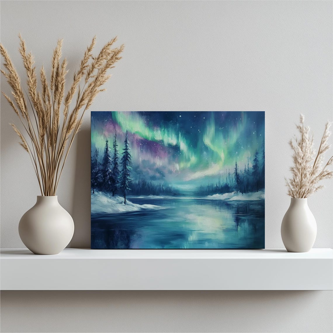 Northern Lights Over Frozen Lapland Lake Snowy Pines Art Poster