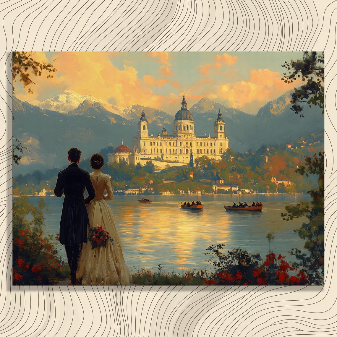 Romantic Sunset Lake Palace Wedding Couple Vintage Painting Poster