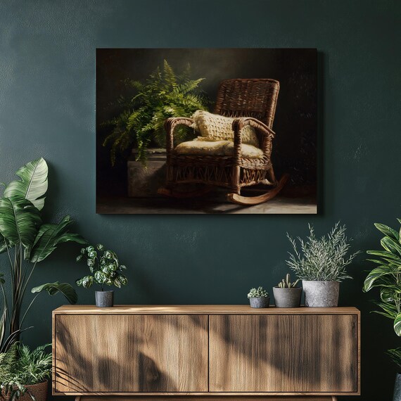 Rustic Wicker Rocking Chair Fern Dark Moody Oil Painting Still Life Print