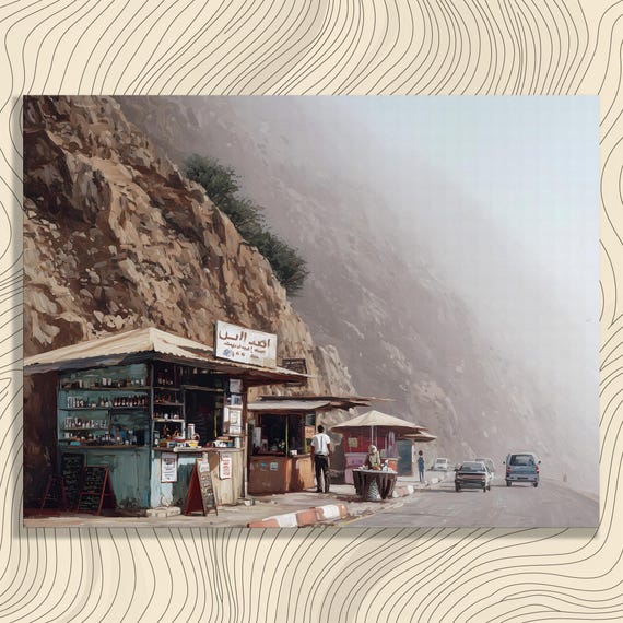 Misty Mountain Pass Canvas Wall Art Roadside Coffee Stalls Urban City Landscape Rocky Cliff Artwork Vintage Travel Decor Road Trip Print