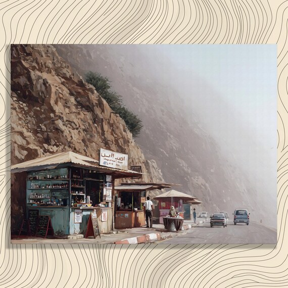 Misty Mountain Roadside Stalls Rocky Cliff Oil Painting Poster