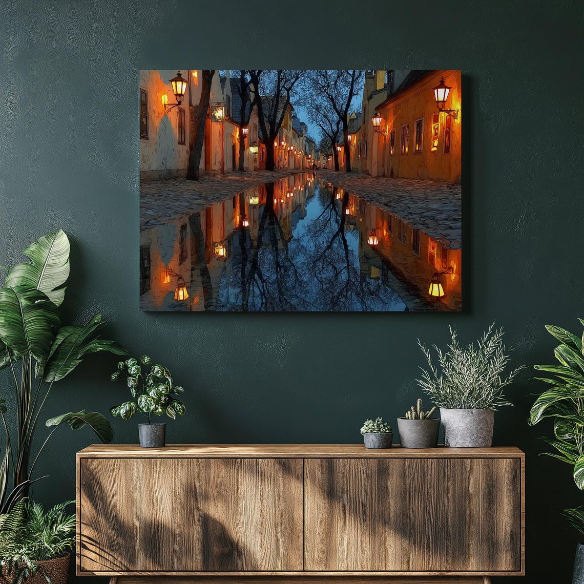 European Evening Street Wet Cobblestone Lantern Reflections Poster