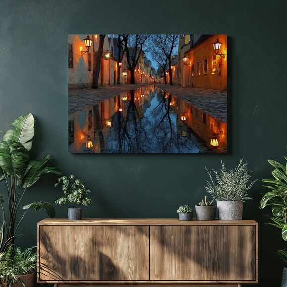 European Evening Street Twilight Canvas Wall Art Cobblestone Reflection Print Vintage Cityscape Decor Antique Lamp Landscape