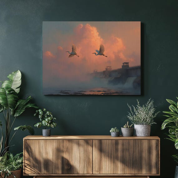 Egrets At Sunset Canvas Wall Art Colorful Waterfall River Clouds Mist Modern Wildlife Landscape Print Serene Nature Decor Gift