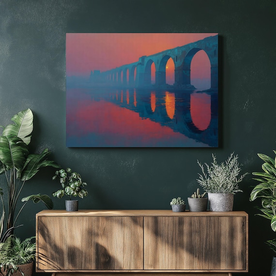 Pink Sunset Stone Arch Bridge Reflection On Glassy Water Poster