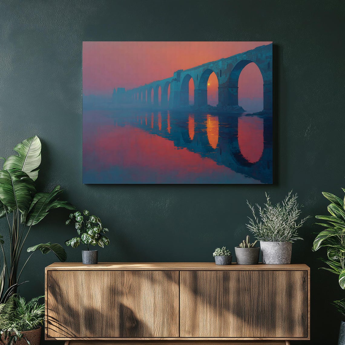 Pink Sunset Stone Arch Bridge Reflection On Glassy Water Poster