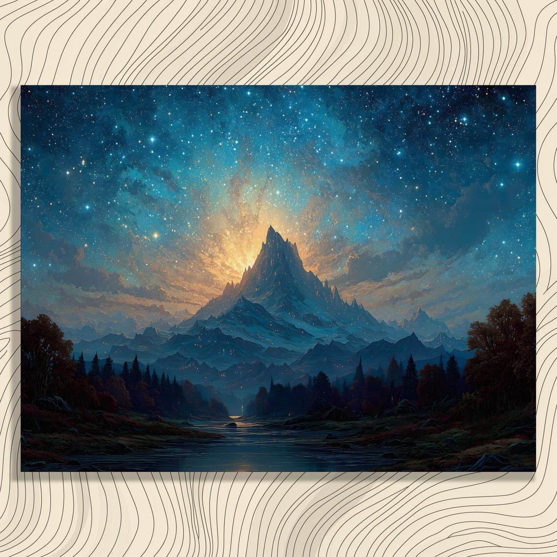 Starry Mountain Canvas Wall Art Surreal Moon And Stars Night Sky River Flowing Forest Scene Print For Nature Lovers Home Decor