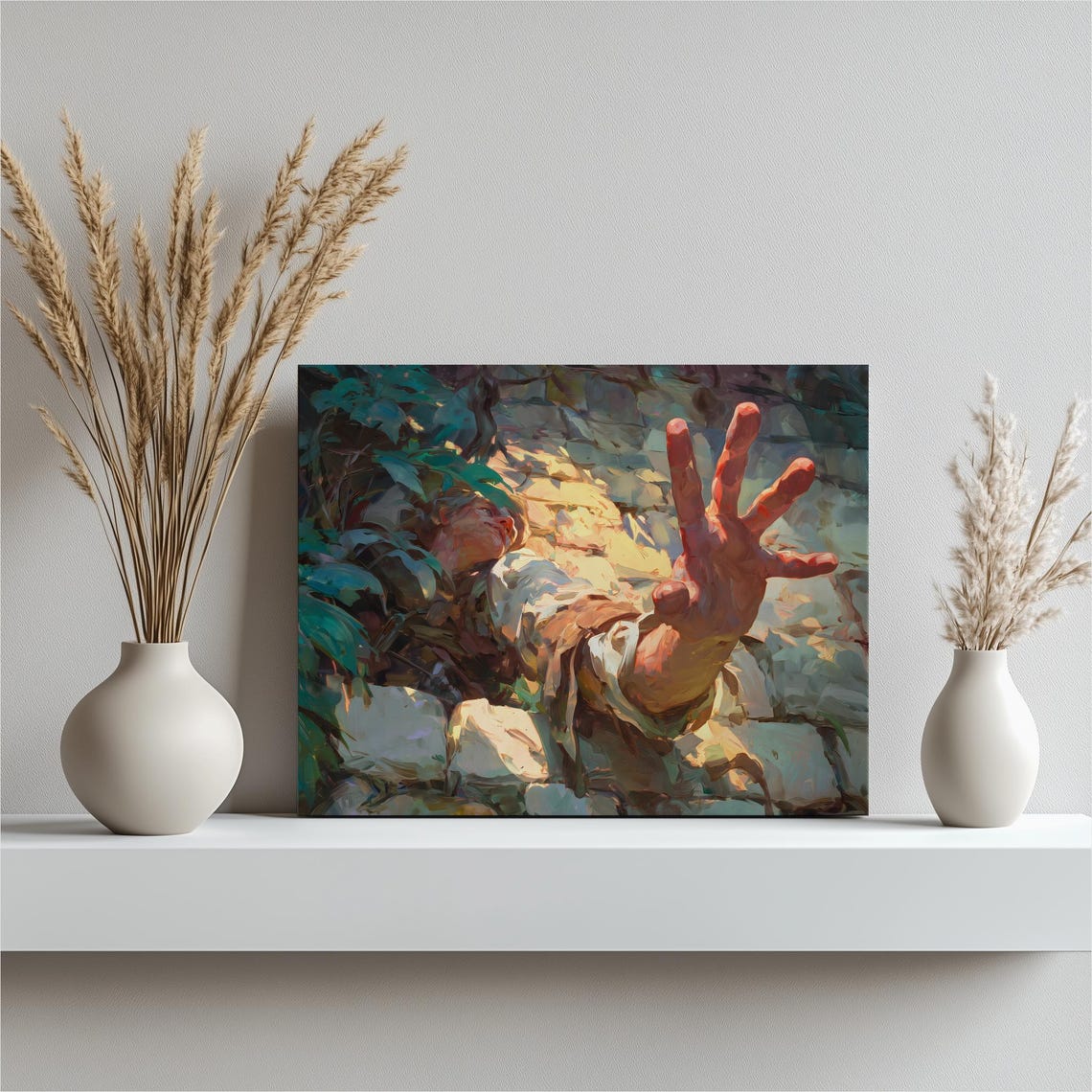 Hand Reaching from Stone Garden Wall Surreal Impressionist Art Poster