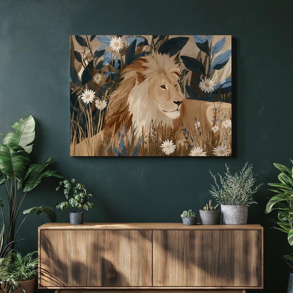 Lion Floral Canvas Wall Art Modern Botanical Safari Print In Beige Blue Tones Nature Wildlife Illustration Neutral Decor