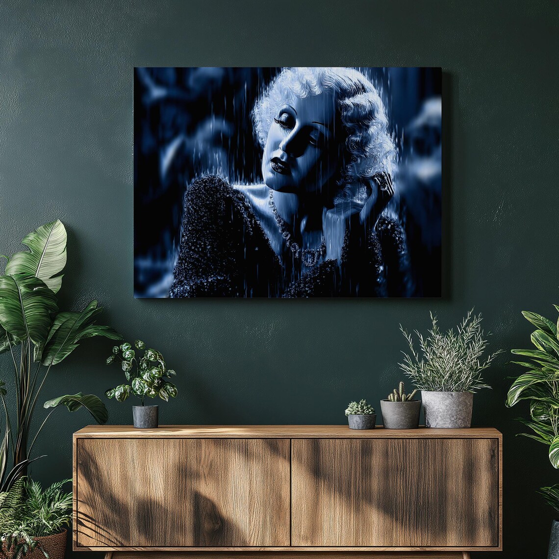 Moody Blue Vintage Hollywood Glamour Woman in Rain Art Poster