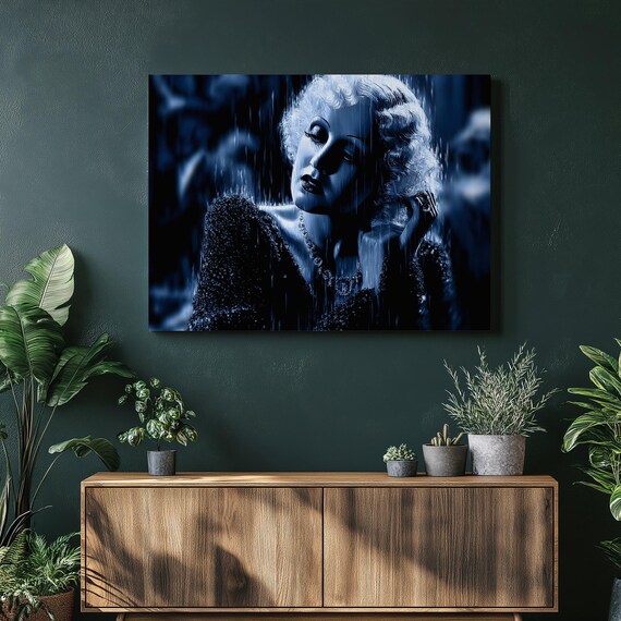 Moody Blue Vintage Hollywood Glamour Woman in Rain Art Poster