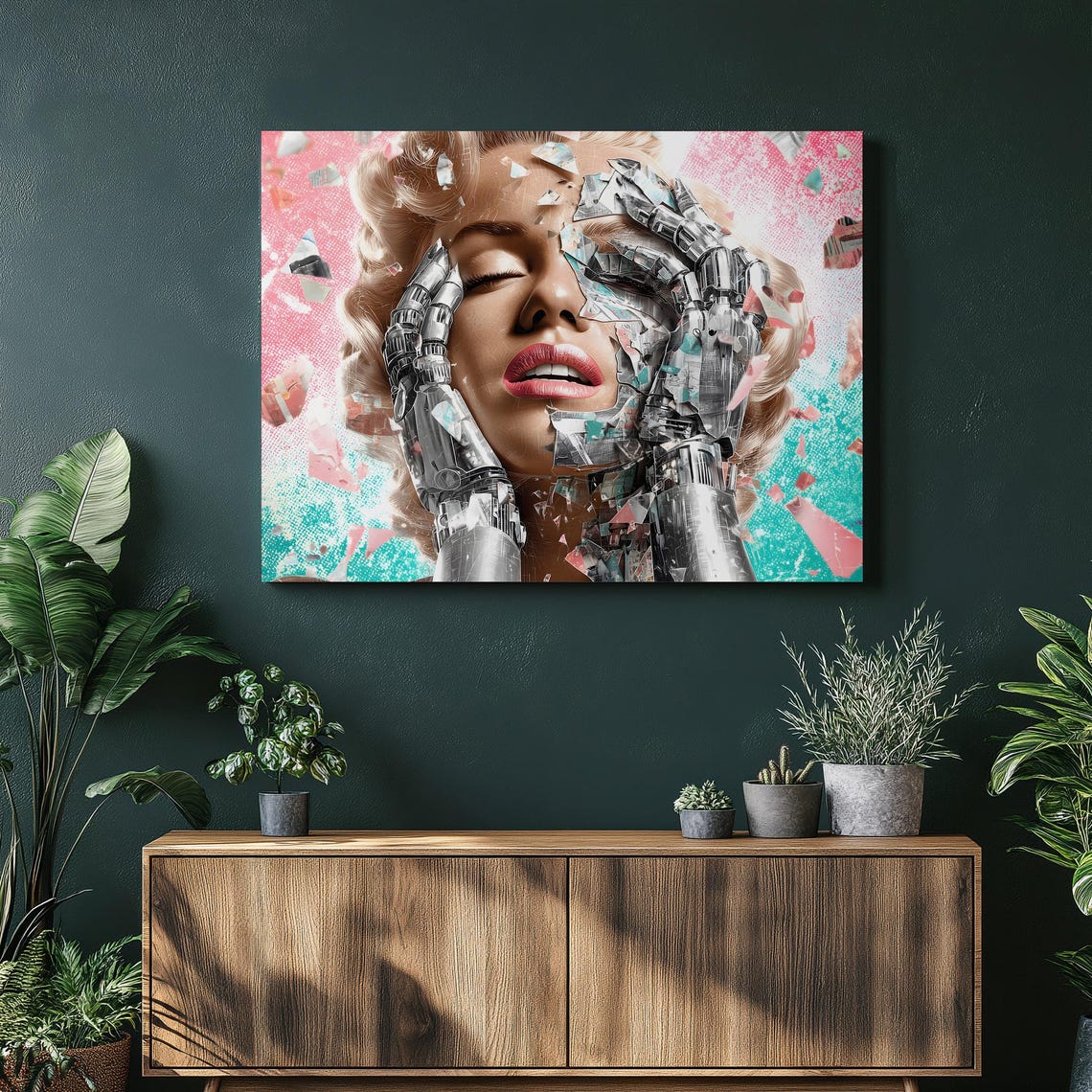 Marilyn Monroe Cyborg Hands and Shattered Glass Pink Pop Art Poster