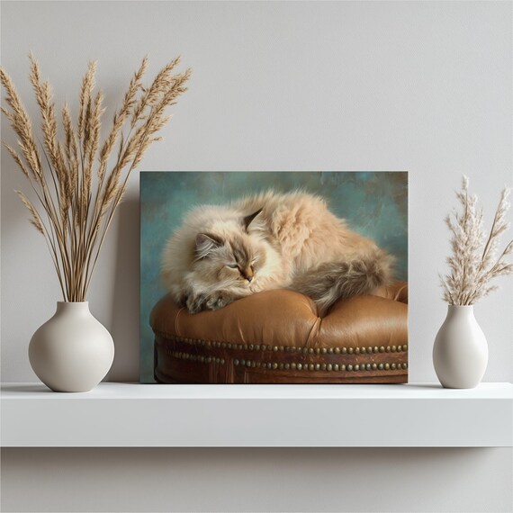 Fluffy Long Haired Cat Sleeping on Leather Ottoman Portrait Poster