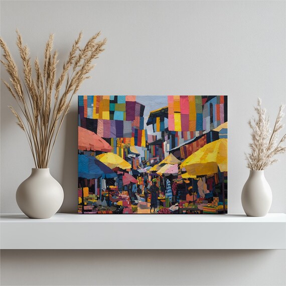 Vibrant Market Canvas Wall Art Colorful Bazaar Umbrella Vendor Painting Print Abstract Outdoor Marketplace Decor Textile Street Scene