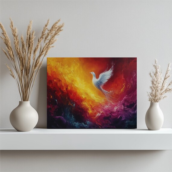 Abstract Painting Bird Artwork Fiery Sky Canvas Wall Art Modern Home Decor Nature Freedom Holy Spirit