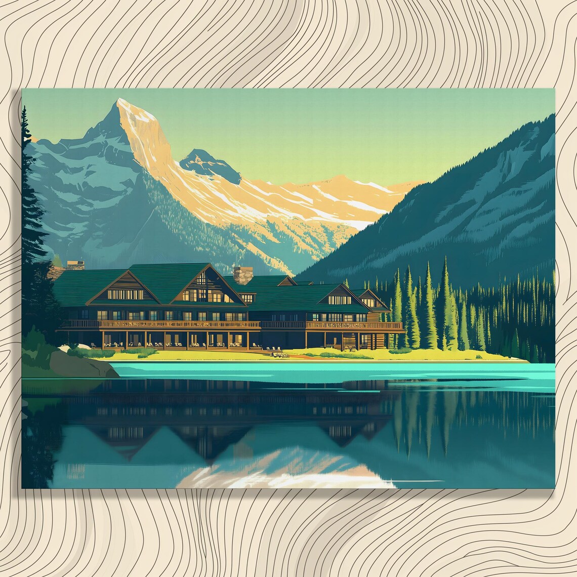 Mountain Lake Lodge Vintage Travel Pine Peaks Retro Style Wall Art