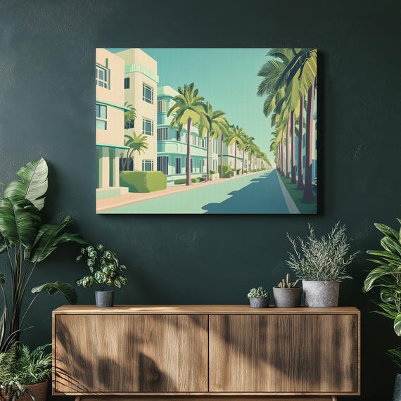 Miami Beach Canvas Wall Art Ocean Drive Pastel Palm Street Coastal Architecture Print Tropical Cityscape Decor For Modern Homes
