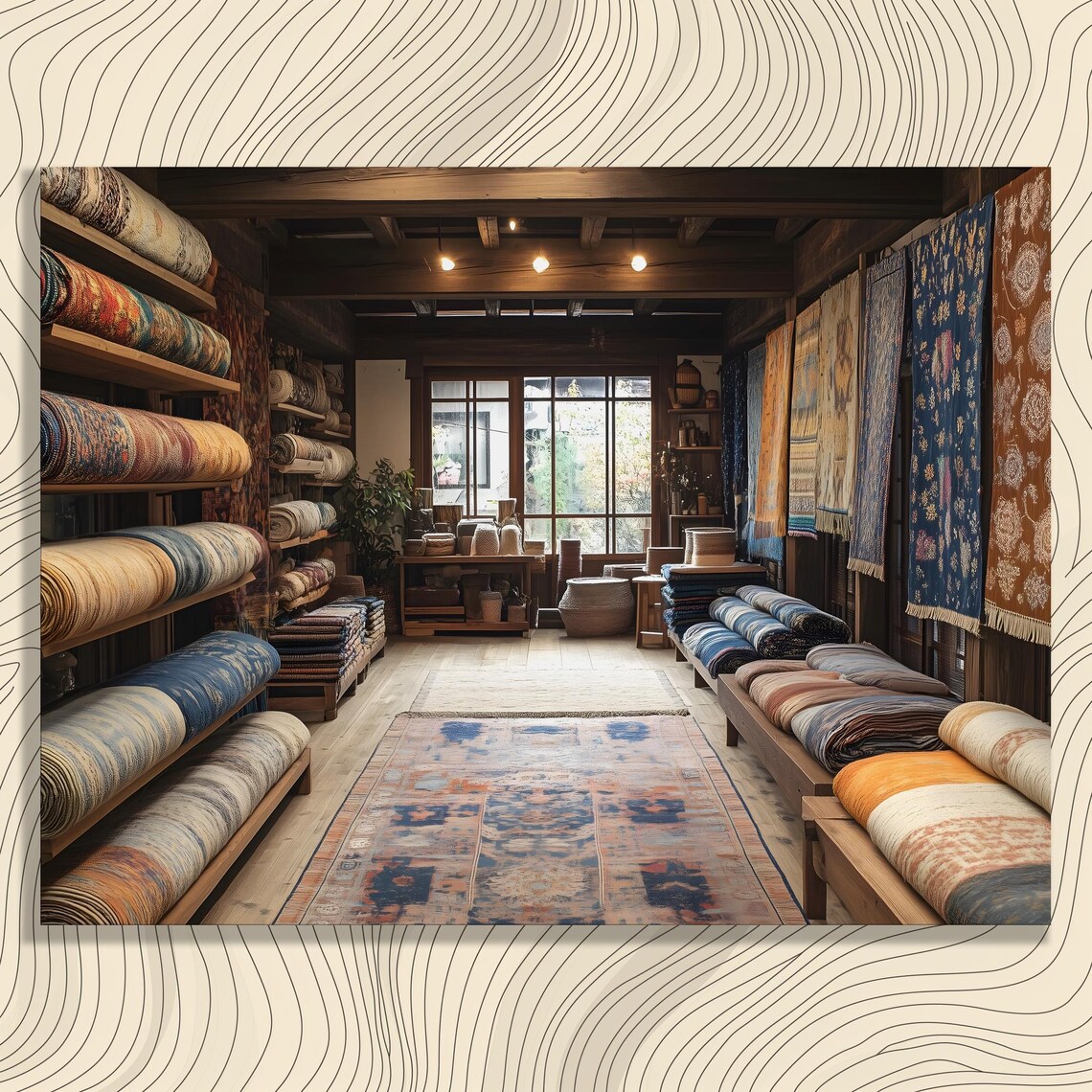 Cozy Bohemian Vintage Rug Shop Wooden Shelves Textile Art Poster