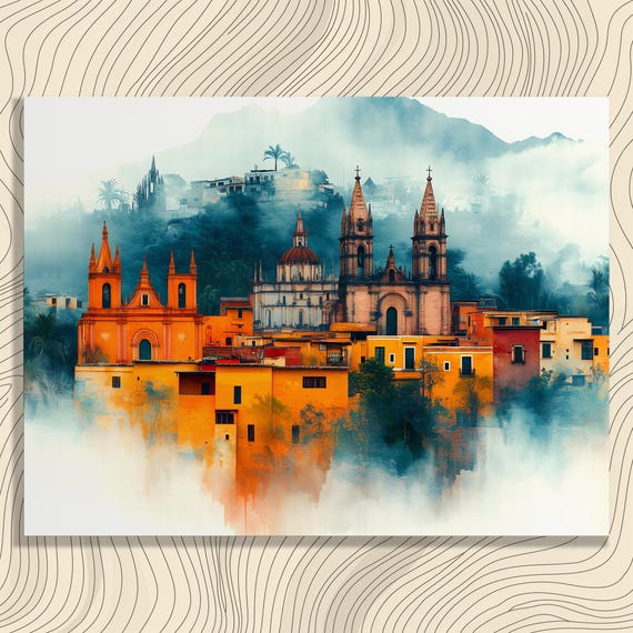 Colorful Mountain Town Canvas Wall Art Vibrant Bohemian Eclectic Village Landscape Decor Print Gift For Lovers Scenic