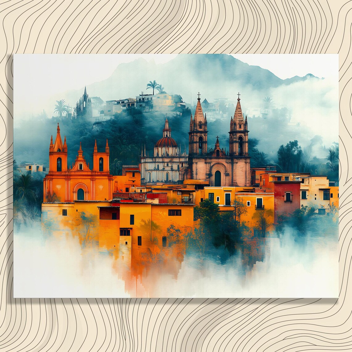 Orange Colonial Town Church Spires Misty Morning Latin Art Poster