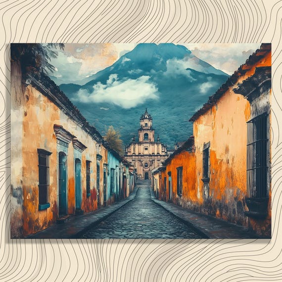 Vintage Street Church Canvas Wall Art Colorful Mountain Village Landscape Painting Print Bohemian Eclectic Home Decor Fine