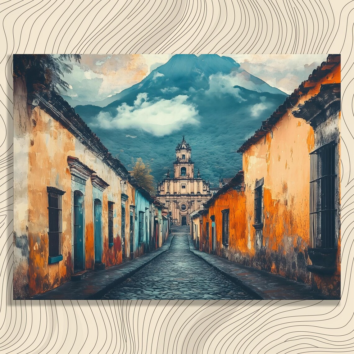 Colorful Colonial Street Mountain Church Cobblestone Village Poster