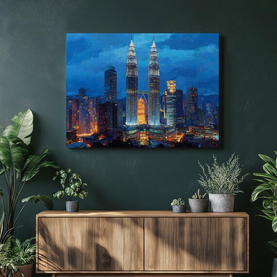Modern City Skyline Canvas Wall Art Twin Towers Cityscape Painting Print Urban Decor Contemporary Orange Night Lights Gift