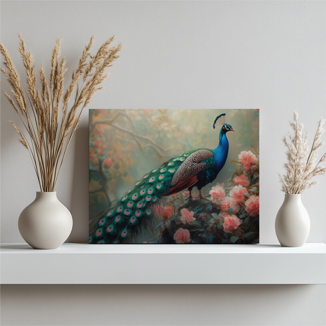 Elegant Peacock in Blooming Roses Garden Vintage Painting Poster