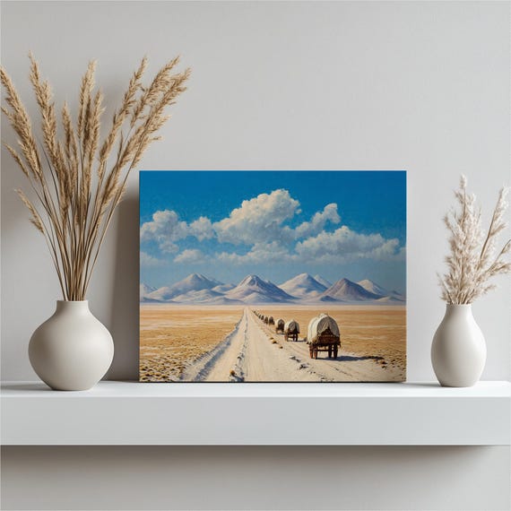 Wagon Train Landscape Canvas Wall Art Vintage Western Painting Mountain Range Print Prairie Decor Covered Wagons Desert Sky Gift