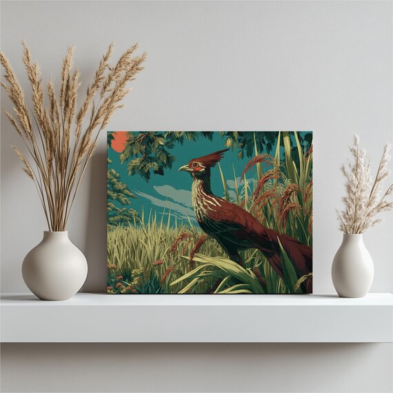 Pheasant Rice Field Canvas Wall Art Exotic Tropical Bird Botanical Print Blue Sky Wild Grass Forest Trees Nature Colorful Decor