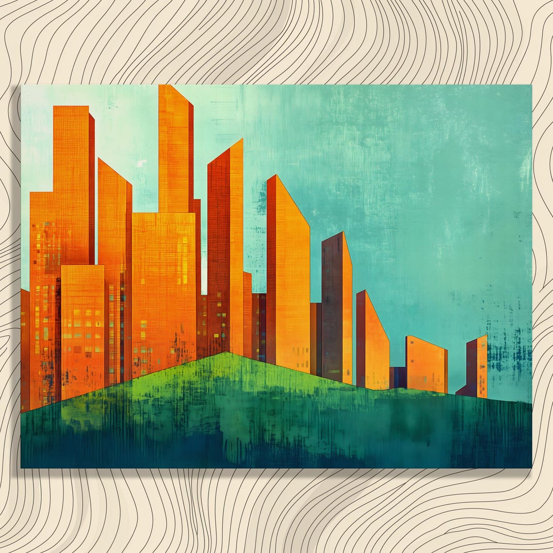 Bold Orange Geometric Skyscraper Skyline Mid Century Modern Art Poster