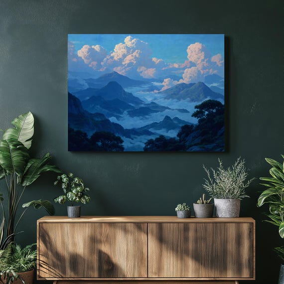 Misty Mountain Sunrise Canvas Wall Art Tranquil Landscape Dawn Clouds Blue Sky Mist Forest Valley Colorful Nature Decor Print