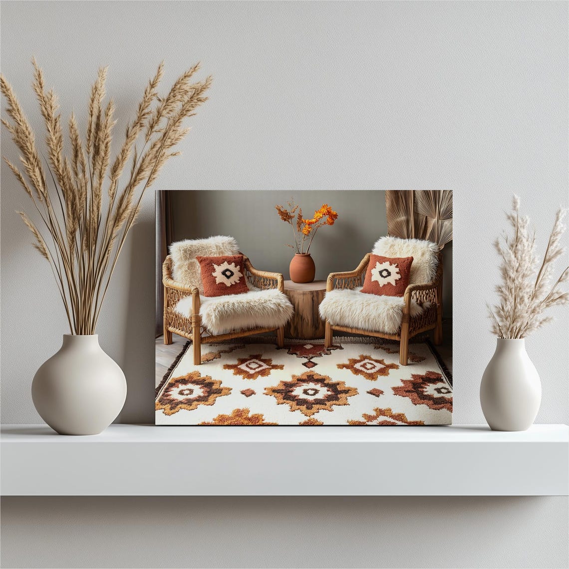 Moroccan Rug Rattan Chairs Cozy Boho Living Room Interior Poster