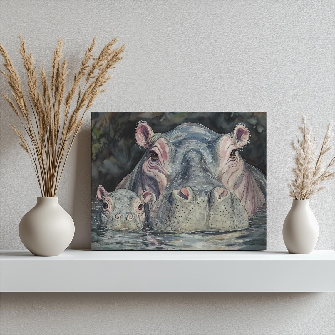Colorful Mother And Baby Hippos Canvas Art Serene Hippopotamus Painting In Water Nature Decor For Nursery Living Room Wildlife Gift