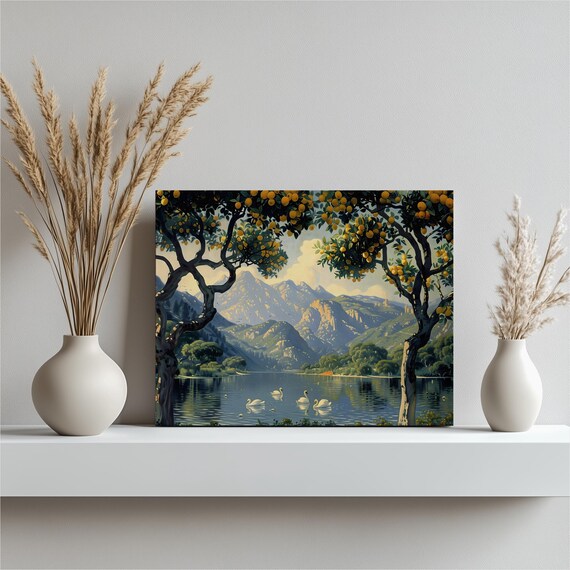 Swan Lake With Orange Trees Mountain View Serene Landscape Print