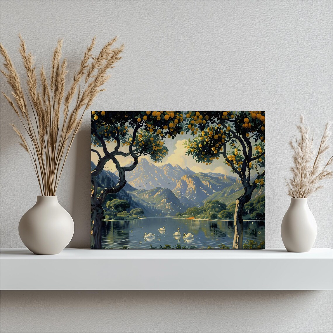 Swan Lake With Orange Trees Mountain View Serene Landscape Print