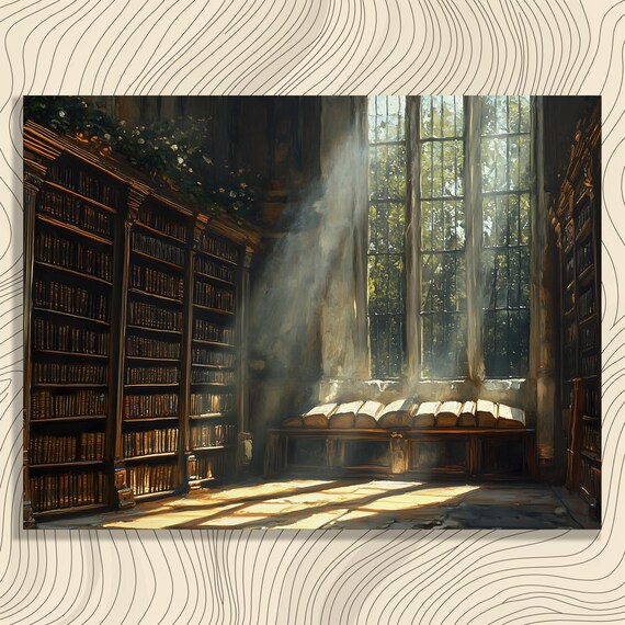 Serene Dark Library Interior Sunbeam Bookshelf Realism Painting Poster