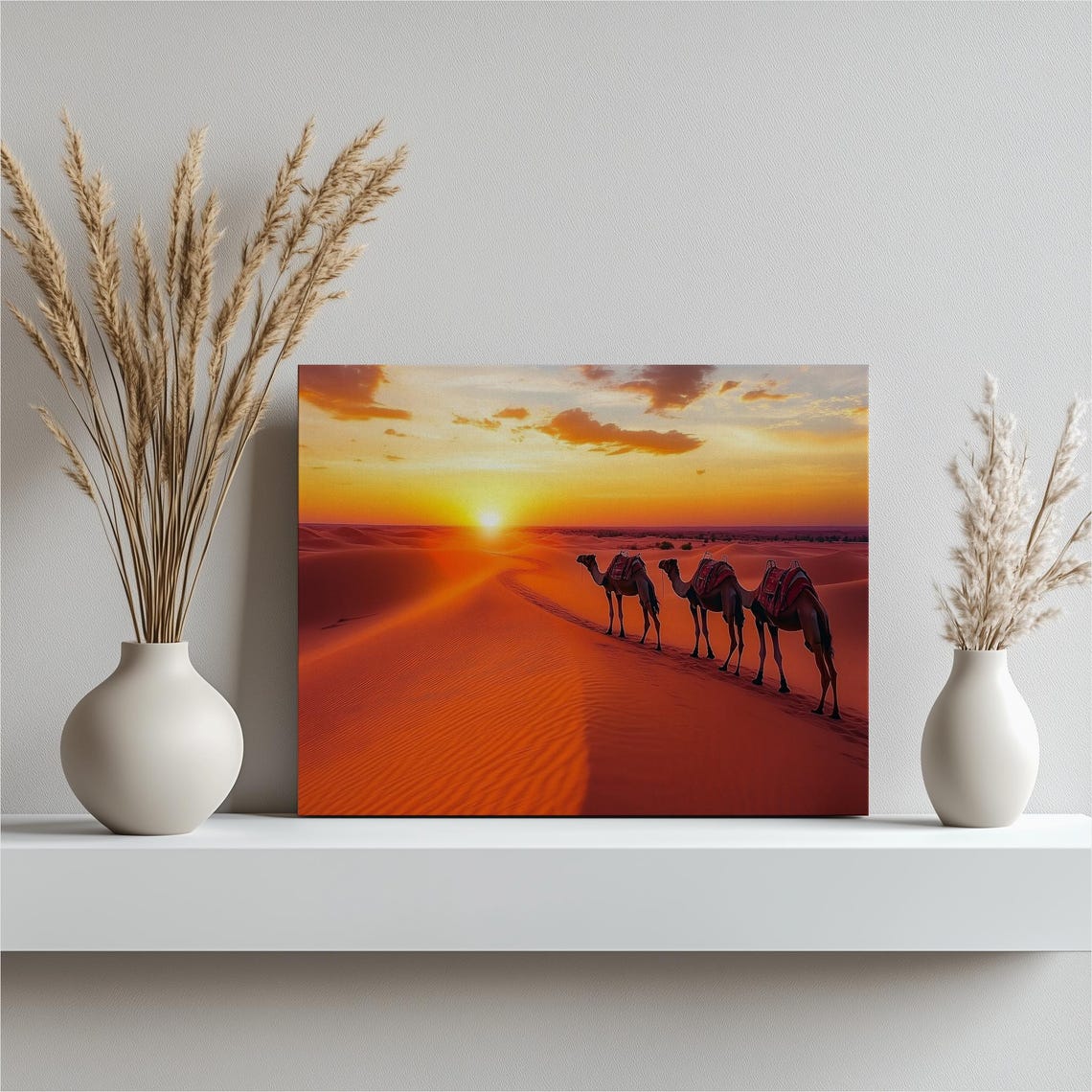 Desert Camel Caravan Crossing Golden Sahara Dunes Sunset Poster