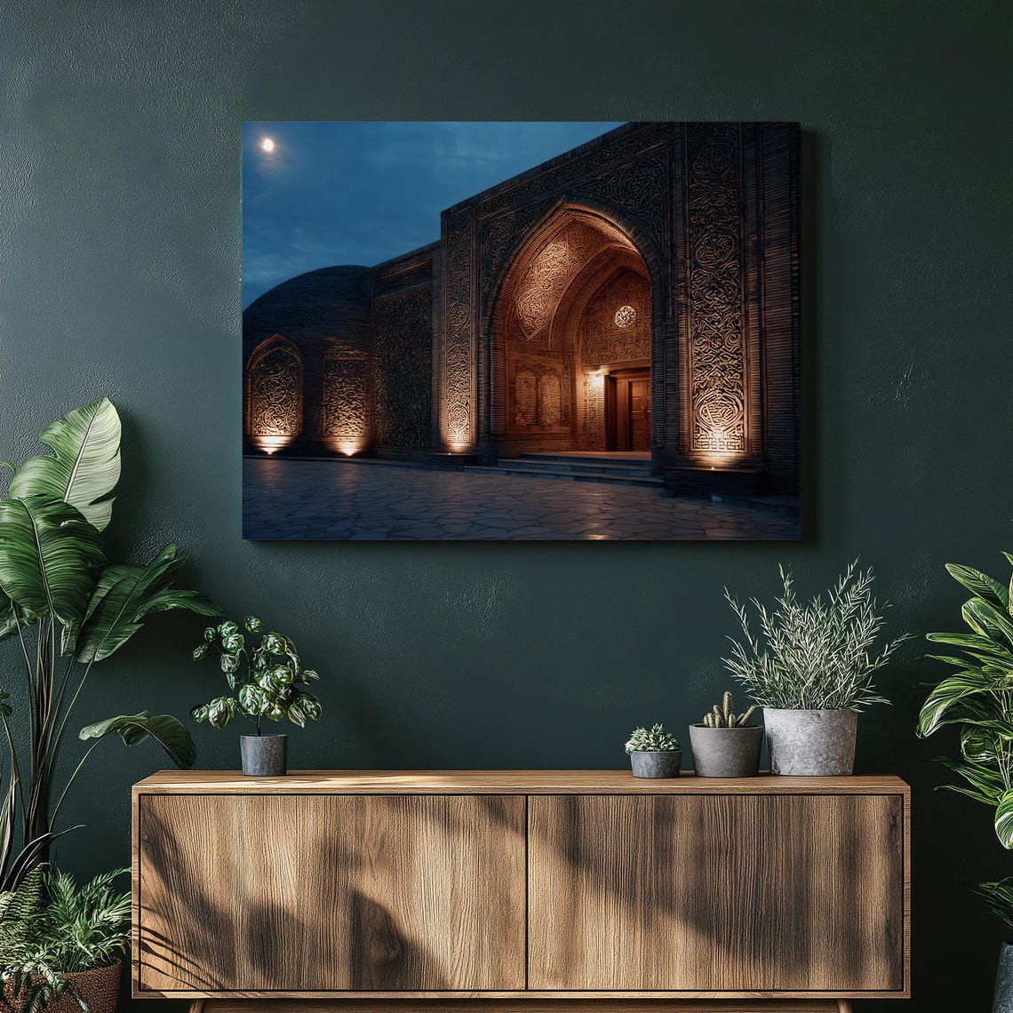 Moonlit Islamic Facade With Ornate Carved Archway Night View Poster