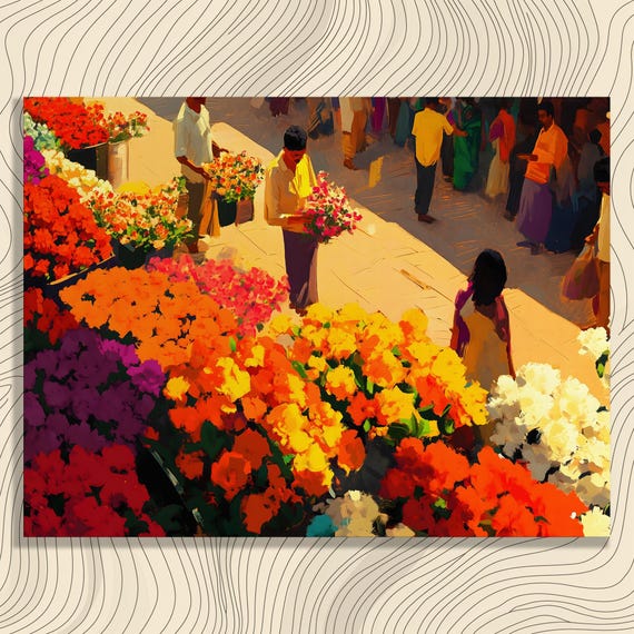 India Flower Market Canvas Wall Art Vibrant Floral Scene Botanical Garden Decor Spring Blossom Bouquet Print