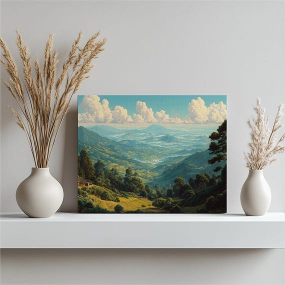 Tropical Valley Canvas Wall Art Lush Mountain Landscape Decor Print Misty Forest Hills Nature Green Scenery