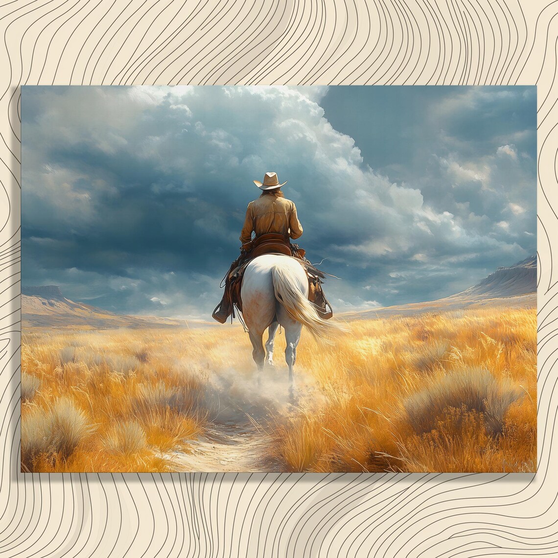 Lone Cowboy White Horse Golden Prairie Storm Western Art Poster