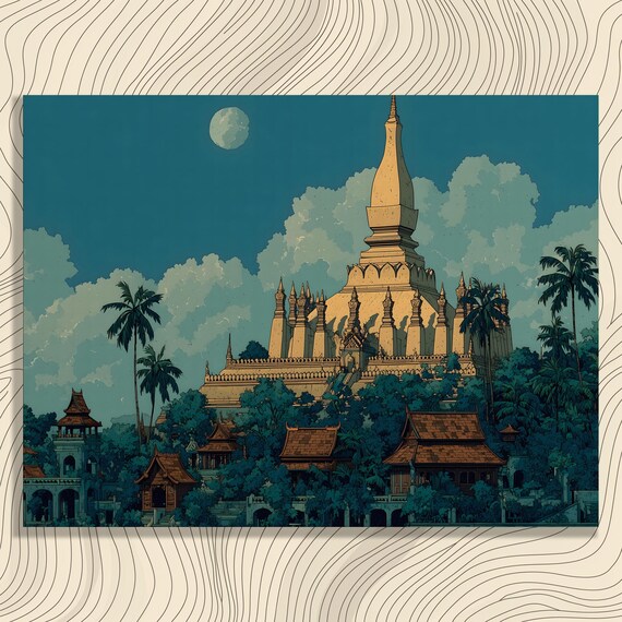 Pha That Luang Laos Golden Stupa Vintage Travel Landmark Art Poster