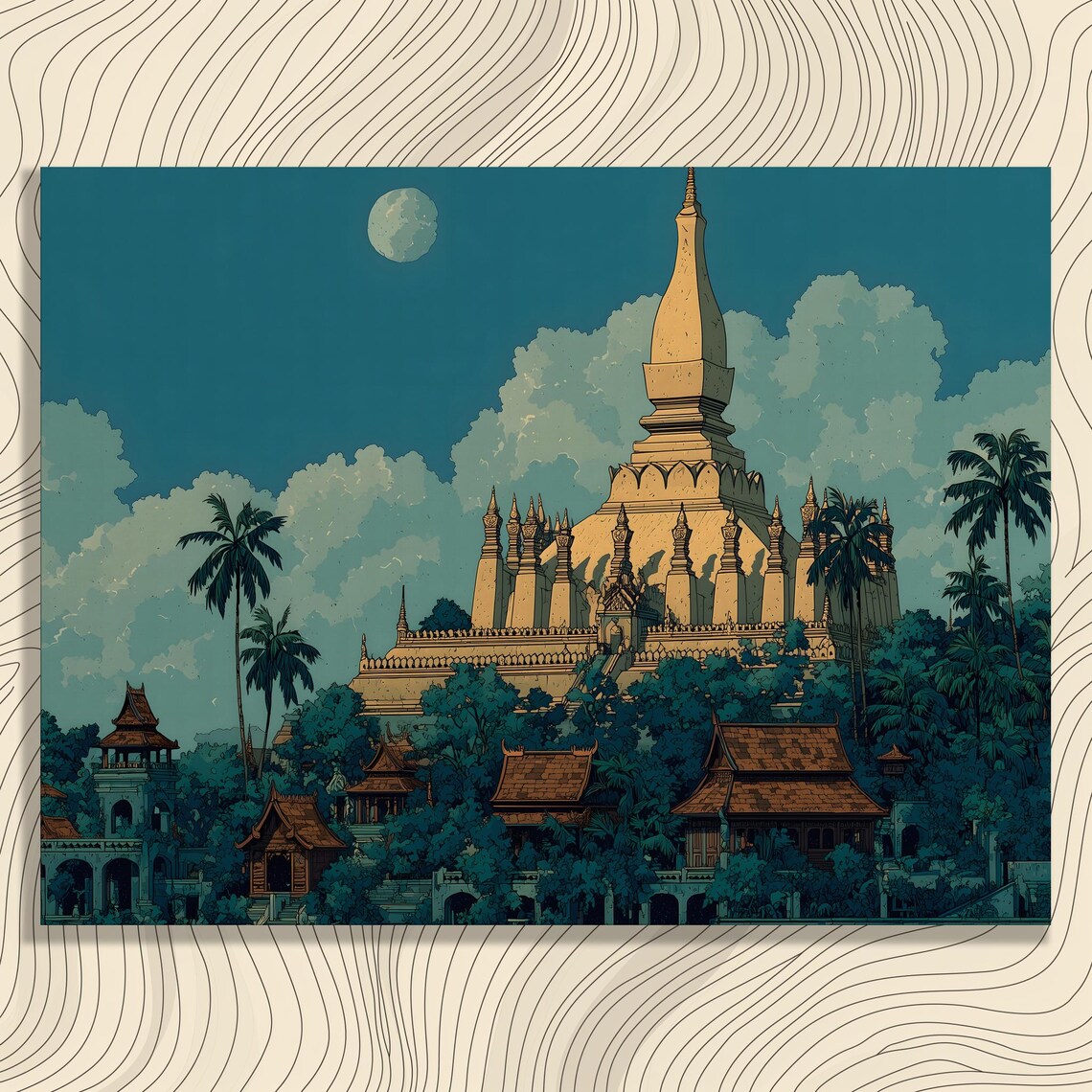 Pha That Luang Laos Golden Stupa Vintage Travel Landmark Art Poster