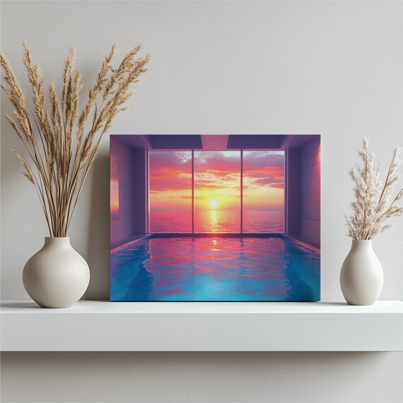 Indoor Infinity Pool Ocean Sunset Vibrant Coastal View Art Poster