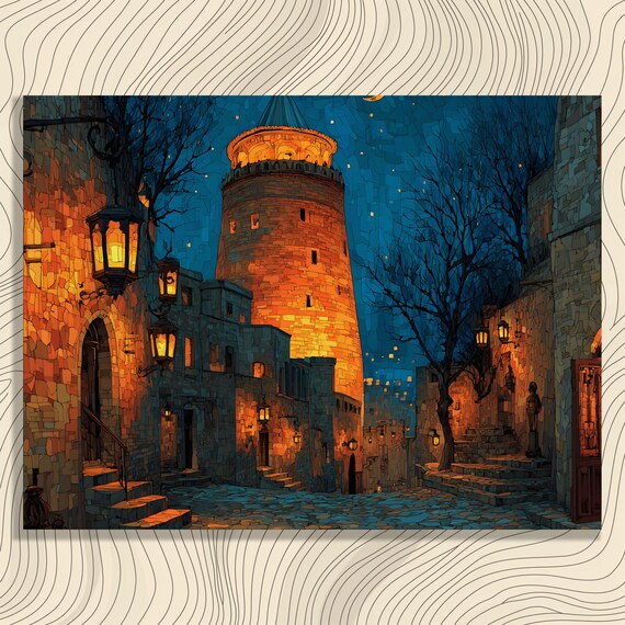 Medieval Night Street Canvas Wall Art Starry Sky Crescent Moon Cobblestone Streets Tower Stone Building Dark Cityscape Decor